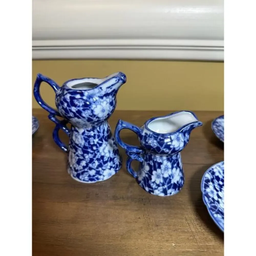 Victoria Ware Stoneware Small‎ Tea Cups Saucers Sugar Creamer Cobalt Flue Floral